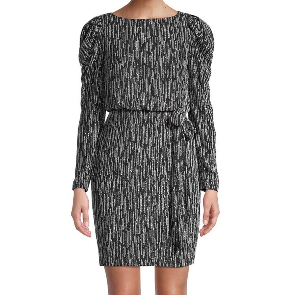 NWT Aidan Mattox Metallic Knit Puff Long Sleeve Sparkly Formal Dress - Size 12